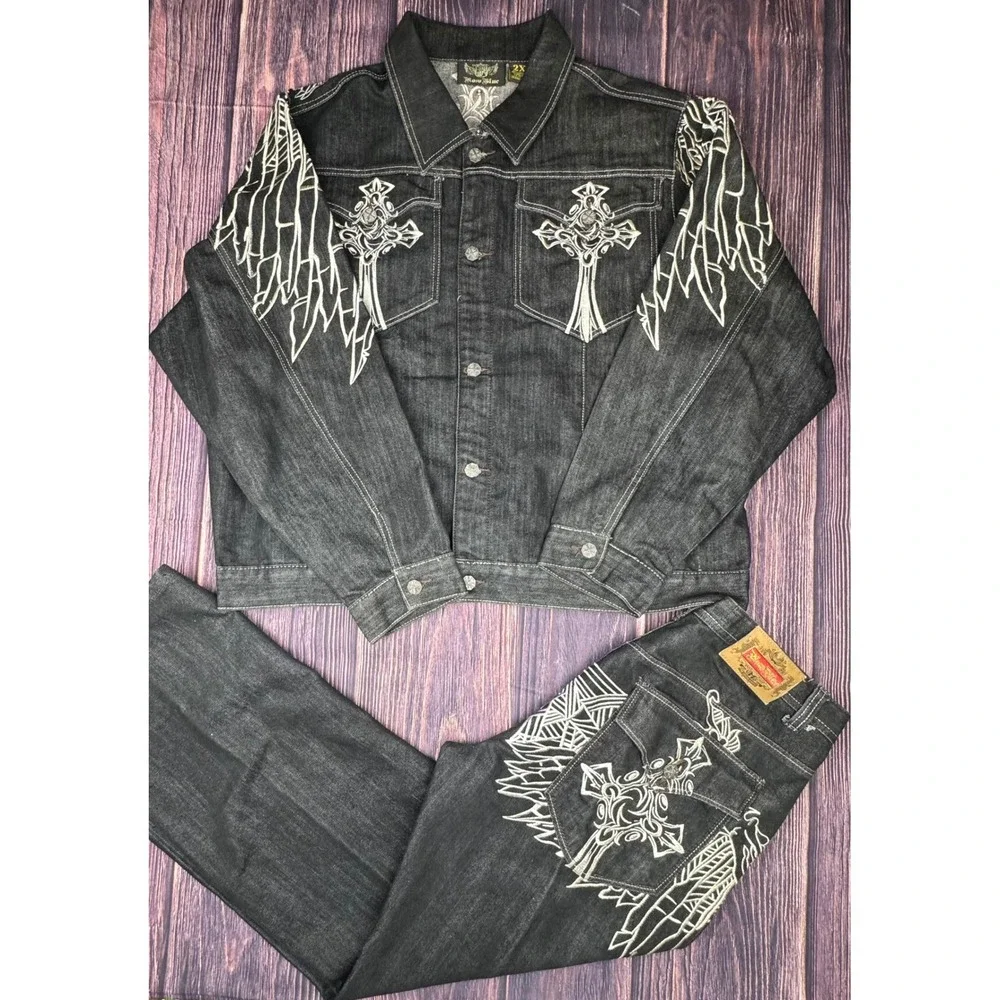 Raw Blue Denim Set 2XL/38x34 Black Gothic Cross Embroidered Y2K Streetwear Suit
